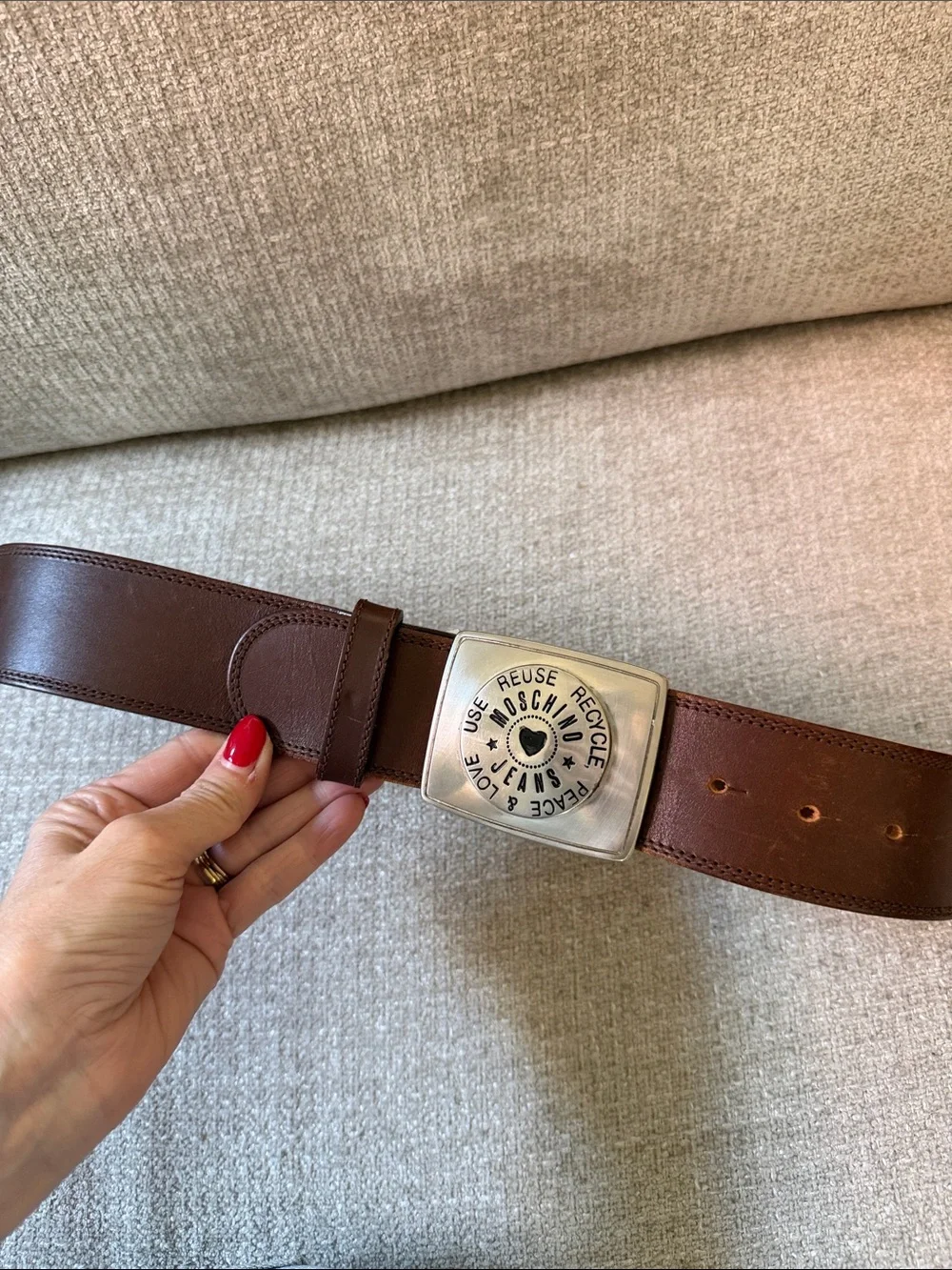 Y2K Moschino Brown Leather Belt with Silver Logo Buckle